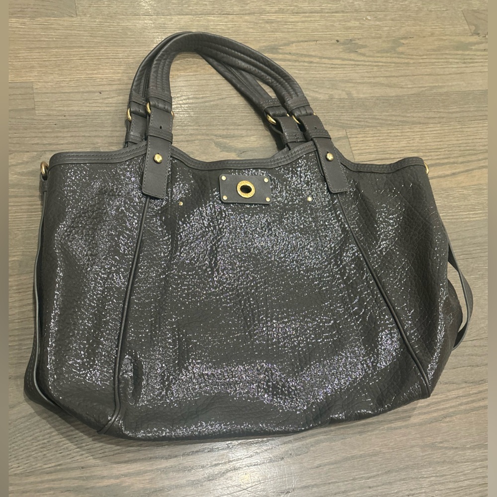 Marc By Marc Jacobs Turnlock Shine Fran XL Tote Bag Patent Gray Leather Brown - Picture 2 of 12